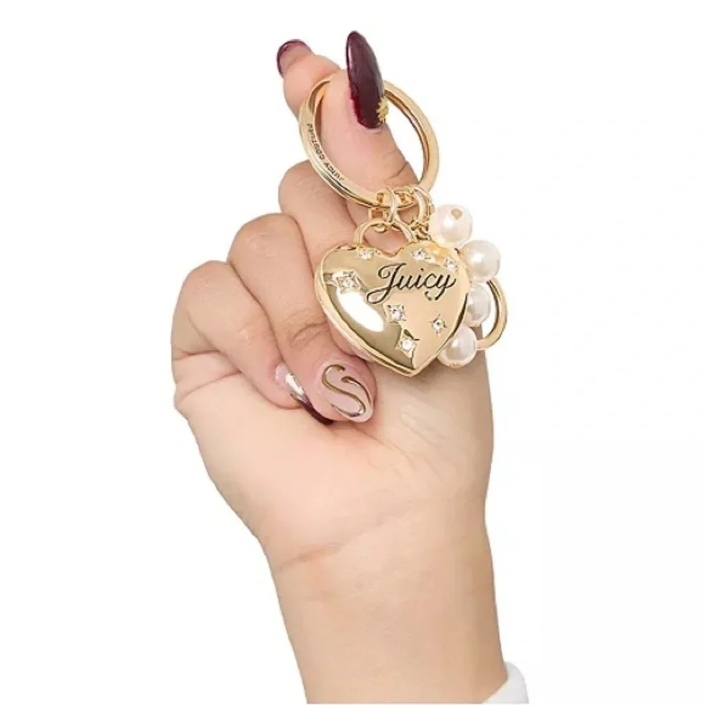 Juicy Couture Gold Heart Purse Keychain with Pearl Charms New